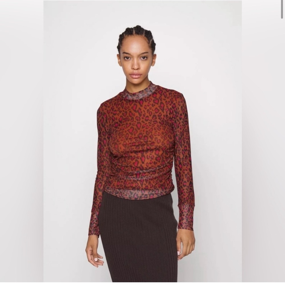 Farm Rio Leopard Print Mesh Turtleneck Top Long Sleeve Ruched Size Small 882